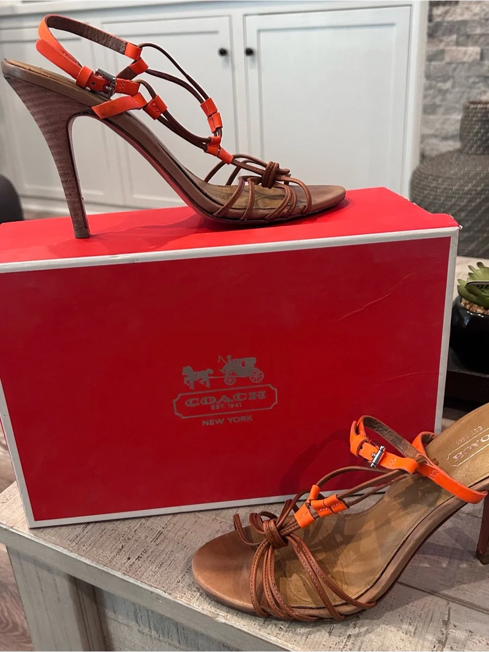 Coach Brown Leather Strappy Heels with Orange Fluorescent Accents